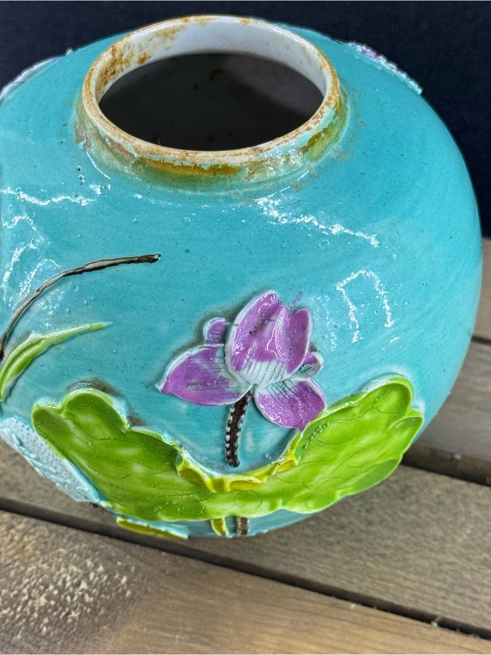 Antique Chinese Ginger Jar Lotus & Crane Blue Vase Wang Bing Rong style no Lid - Picture 2 of 7